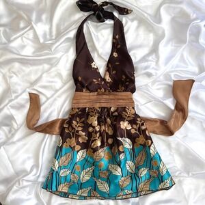 Speechless Brown Turquoise Floral Halter Top Pleated Empire Waist Y2K Large